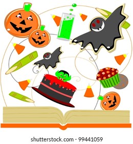 Halloween cookbook.  Illustration of a cookbook with visions of Halloween cookies, cakes and candies