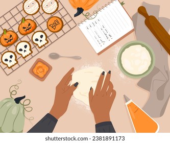 Halloween cookie baking concept. Top view at hands with dough. Homemade bakery and pastry product. Dessert and delicacy for international holiday of fear and horror. Cartoon flat vector illustration