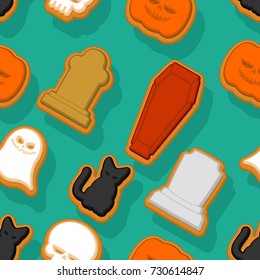Halloween cookie seamless pattern. Background Cookies for terrible holiday. Ghost and pumpkin. Black cat and skull. Tombstone and coffin. Vector texture
