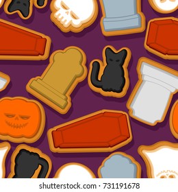 Halloween cookie seamless pattern. Background Cookies for terrible holiday. Ghost and pumpkin. Black cat and skull. Tombstone and coffin. Vector texture
