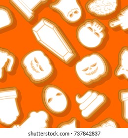 Halloween cookie seamless pattern. Background Cookies for terrible holiday. Ghost and pumpkin. Black cat and skull. Tombstone and coffin. Vector texture
