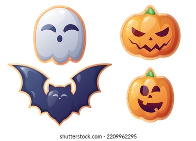 Halloween cookie set. Delicious cookies in the form of a ghost, pumpkin, bat. Holiday symbol, purse or treat. Great for stickers, design, decor