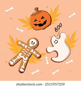 Halloween cookies. Collection colored halloween cookies vector cartoon illustration bakery candy. Images of cute pumpkins, skeleton, ghost. Vector graphic