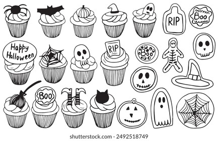 Halloween cookies and cupcakes vector sketches set. Different Halloween scary desserts set