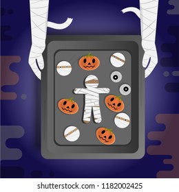 Halloween cookies with mummy hand, Happy Halloween, vector illustration