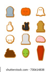 Halloween cookies set. Cookie for terrible holiday. Ghost and pumpkin. Black cat and skull. Tombstone and coffin. Vector illustration
