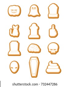 Halloween cookies set. Cookie for terrible holiday. Ghost and pumpkin. Cat and skull. Tombstone and coffin. Vector illustration
