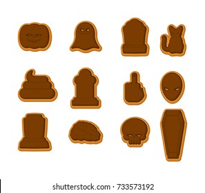 Halloween cookies set. Cookie for terrible holiday. Ghost and pumpkin. Black cat and skull. Tombstone and coffin. Vector illustration
