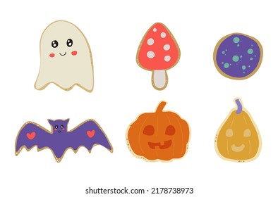 Halloween cookies set: jack-o-lantern, bat, pumpkin, magical, mushroom fly agaric, ghost. Autumn seasonal holidays illustration set. Hand painted vector isolated