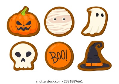Halloween cookies set. Pumpkin, ghost and skull silhouettes. Homemade bakery and pastry products. Dessert and delicacy. Cartoon flat vector collection isolated on white background