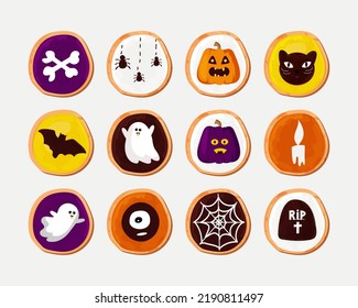 halloween cookies set. Traditional meal. Glazed pastries with drawings in the form of bats, pumpkins, bones, ghosts. Vector illustration, cartoon style