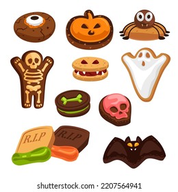 Halloween cookies vector illustrations set. Colorful biscuits with ghost, pumpkin, skeleton, eye, tombstone, bat, skull, bone, spider, teeth. Halloween pastry concept