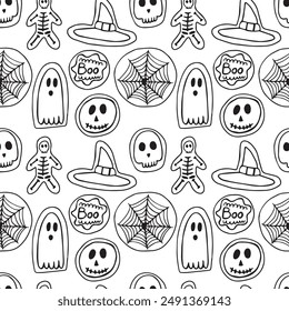 Halloween cookies vector seamless pattern. Different Halloween scary cookies pattern on white background