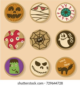 Halloween cookies vector. Set of funny cartoon vector illustration halloween cookies. Cute halloween cookies. 