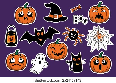 Halloween cool sticker set in black and orange with emotionally different pumpkin faces , a cat, a ghost, a bat, a spider, a web, a candy, a witch hat