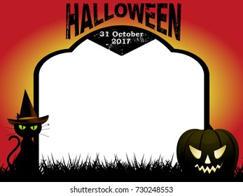 Halloween Copy Space Blank Tombstone with Decorative Text abd Date cat and pumpkin Over Red and Yellow Background