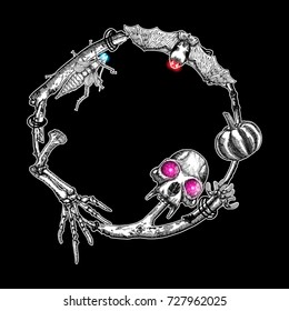 Halloween copy space design frame for typographic banner calligraphy with scary elements insects, bugs, moth, bat, skulls, pumpkin. Hand drawn forest wreath or boho witch frame background. Vector.