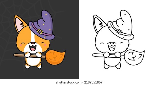 Halloween Corgi Dog Clipart Multicolored And Black And White. Beautiful Clip Art Halloween Puppy. Cute Vector Illustration Of Halloween Kawaii Animal Character In Witch Costume.
