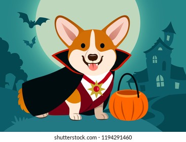 Halloween corgi dog in vampire costume against spooky background: night scene with full moon, haunted house, cemetery tombstones, flying bats. Funny humorous Halloween pet theme poster, greeting card.