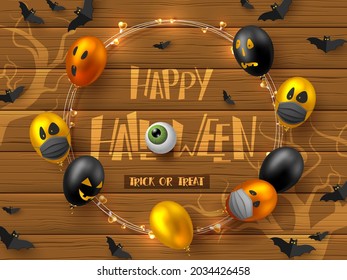 Halloween Coronavirus concept, Covid-19 protection. Glossy balloons with monster faces in protection masks, flying bats. Vector illustration.