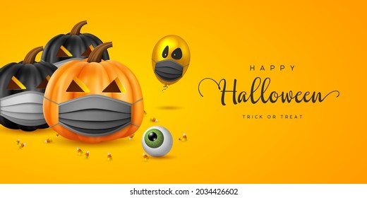 Halloween Coronavirus concept, Covid-19 protection. Glossy balloons with monster faces, pumpkins in protective masks and eye. Vector illustration.