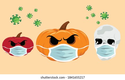 Halloween coronavirus pandemic concept, horror Halloween pumpkin and skull wearing a medical mask.