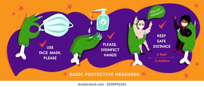 Halloween Coronavirus  social infographic  banner with COVID-19 protection information in cartoon funny festive style. Basic protective measures: Keep distance, disinfect hands, use mask. Vector