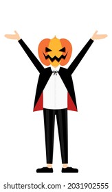 Halloween costume, boy in pumpkin ghost pose with arms raised