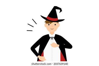 Halloween costume, boy in wizard costume beating his chest in Leave it to me pose