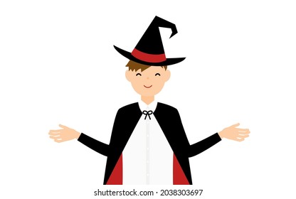 Halloween costume, boy in wizard costume holding out his arms