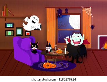 Halloween, Costume Cartoon, Vampire, Spider, Bat And Spooky, Interior Home, Night Party, Postcard, Celebrate Season Background Vector