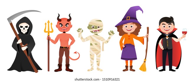 Halloween costume character set isolated on white