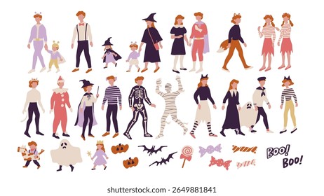 Vetor coleção de personagens de fantasia de Halloween com famílias crianças e elementos decorativos para o design