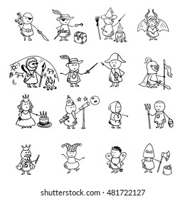 Halloween costume characters. Doodle vector set.
