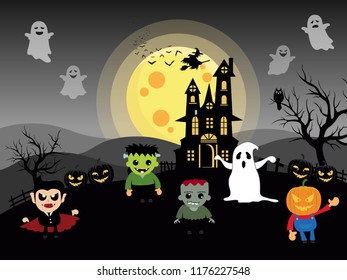 Halloween costume characters with full moon, evil pumpkin, Frankenstein, ghosts and traditional