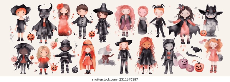 Halloween costume clipart, Halloween watercolor cartoon characters, decorative elements