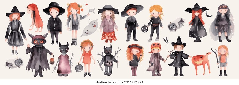 Clásico de disfraces de Halloween, personajes de dibujos animados de acuarela de Halloween, elementos decorativos