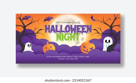 Halloween costume contest party horizontal  banner or social media cover, header, banner template, Halloween horizontal background, Happy Halloween day poster or banner vector template