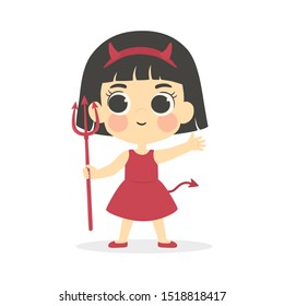 Halloween Costume, Cute Red Devil Girl holding trident cartoon vector illustration