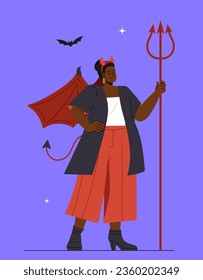 Halloween costume devil concept. Holiday of fear and horror. Woman with wings near bats. Tradition and culture. Poster or banner. Cartoon flat vector illustration isolated on violet background