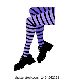 Halloween costume. Female legs in striped stockings. Fit slim legs in modern a preppy style. Oxford shoes with shoelaces and black and purple stripes tights. Part of body. Minimalist illustration