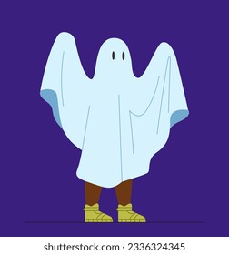 Halloween costume ghost concept. Child in blue blanket with painted eyes. Apparel for international holiday of fear and horror. Cartoon flat vector illustration isolated on blue background