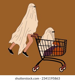 Сouple in Halloween costume. Ghost. Flat design style vector illustration.