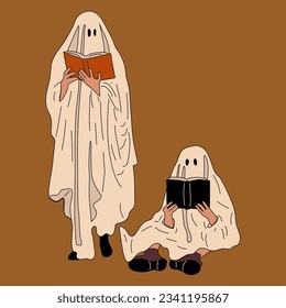 Сouple in Halloween costume. Ghost. Flat design style vector illustration.