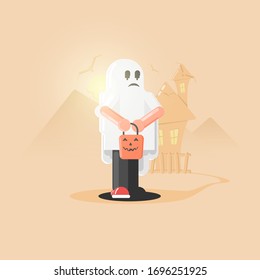 Halloween costume. Halloween ghost costume. Man in a ghost costume stands and holds a bucket. - Vector