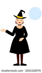 Halloween costume, girl dressed as a witch talking with her right hand out (with speech bubble)