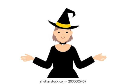 Halloween costume, a girl dressed as a witch holding out her arms