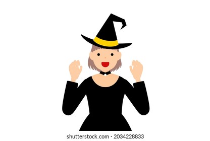 Halloween costume, girl dressed as a witch holding her hands up in surprise pose