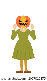 Halloween costume, a girl in a pumpkin ghost costume poses with her hands in the air