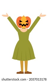 Halloween costume, a girl in a pumpkin ghost costume poses with both arms raised